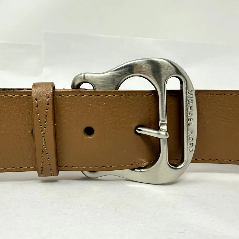 Michael Kors Women’s Tan Synthetic Leather Belt XL Silver Logo Buckle